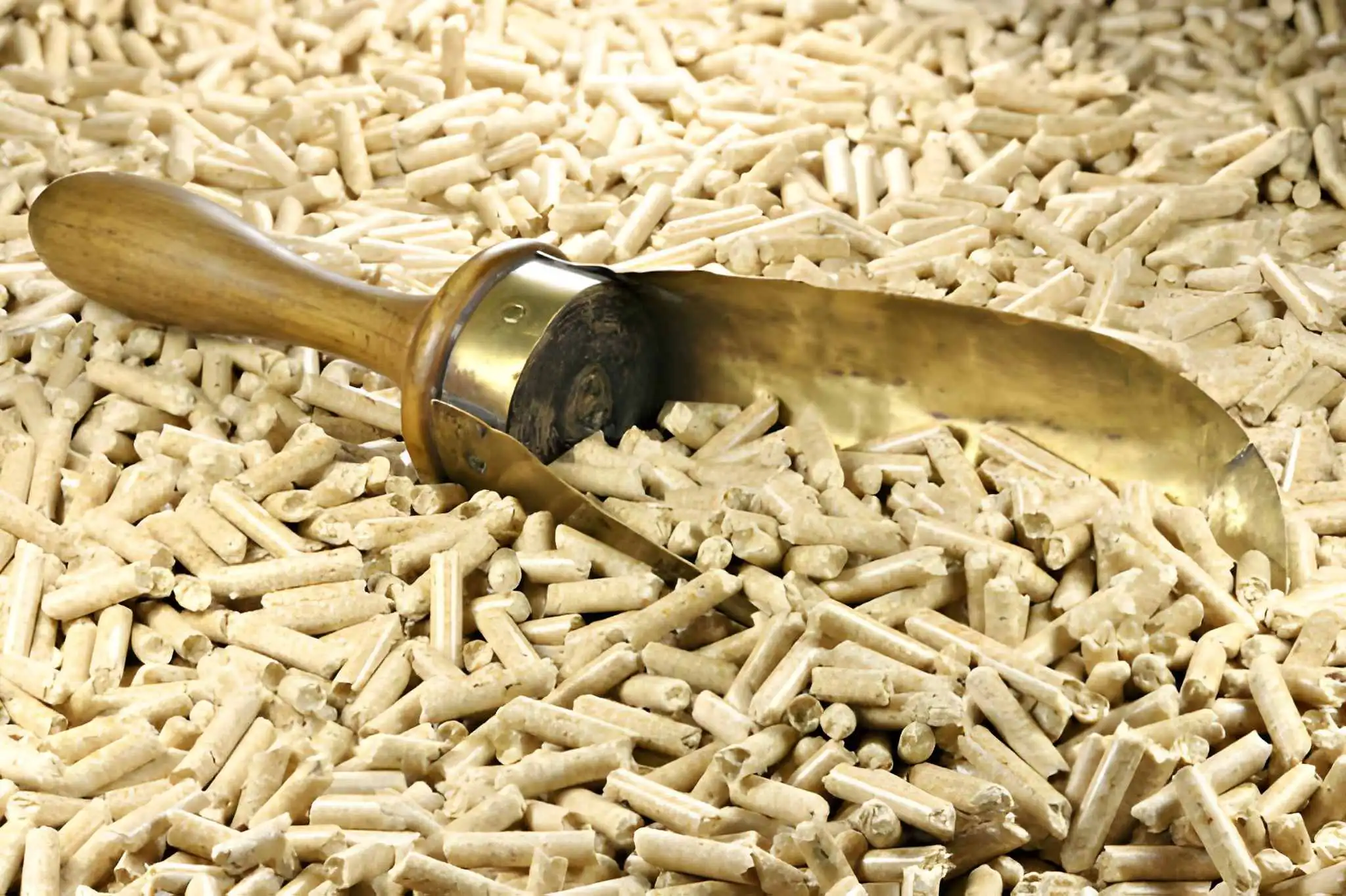 vintage brass scoop with wood pellets